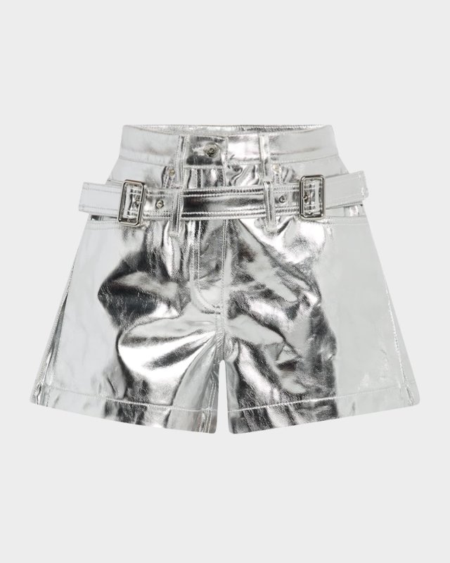 Double-Buckle Metallic Foiled Denim Shorts